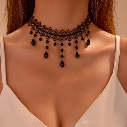 CSIYANJRY99 Gothic Choker Necklace for Women Halloween Red Crystal Vampire Choker Steampunk Lace Choker Witch Costume Accessories - style: Plaid tassel