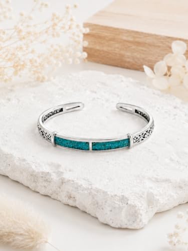 Native American Genuine Turquoise Cuff Bracelet for Women, 925 Sterling Silver Turquoise Boho Bangle, Adjustable Open Cuff Fits 6-7.5 Inches - style: Crushed Turquoise