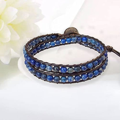 Genuine Stone Wrap Bracelets for Women Natural Crystal Beaded Wrap Bracelet 2/3/5 Adjustable Bohemian Bracelets Jewelry Gifts for Women Mom - color: lapis(2 wraps)