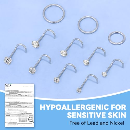 20g Nose Rings Studs and 18g Nose Rings Hoops for Women Men: Hypoallergenic Surgical Stainless Steel Threadless Corkscrew/L Shape/Straight Nose Studs Round Square Simulated Diamond CZ 1.5/2/2.5/3mm Nose Bone Studs Hinged Clicker Segment Nose Hoops Septum