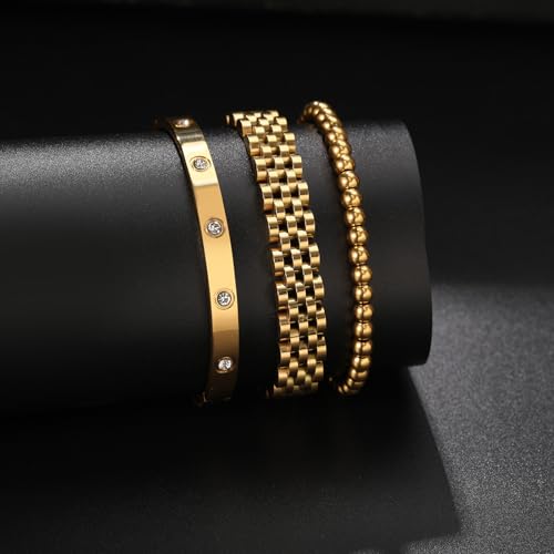 18K Gold Plated Bangle Bracelet Set for women,Cubic Zirconia Classic Stainless Steel Adjustable Gold Tennis Love Bracelets Stack for women and men - color: Wristband Beads Set