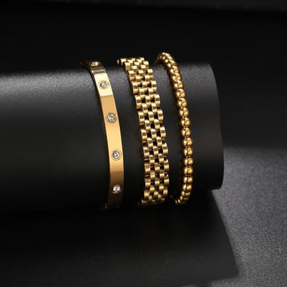 18K Gold Plated Bangle Bracelet Set for women,Cubic Zirconia Classic Stainless Steel Adjustable Gold Tennis Love Bracelets Stack for women and men - color: Wristband Beads Set