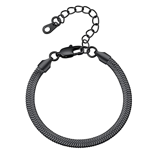 FindChic Elegant Herringbone Snake Chain Anklets/Bracelets 3MM/5MM Width Stainless Steel/18K Gold/Rose Gold Plated/Black 4 Color Options, 8.3'' 8.5'' 10.5'' Length, with Gift Box - color: B: 5mm 6.3'' bracelet (Black)