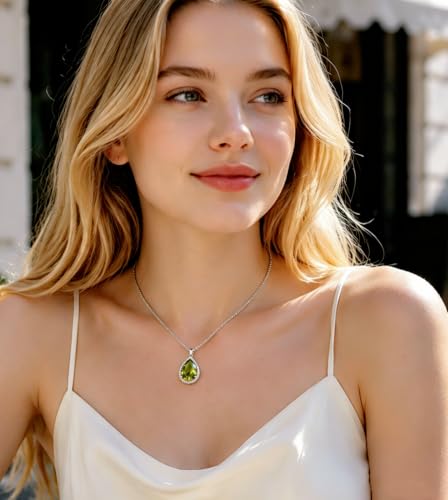 VONSSY Classic Oval Pendant Gemstone Necklace | Crystal Ruby Sapphire Waterdrop Birthstone Teardrop Emerald Necklace | 18K Platinum Gold Plated Chain | Jewelry Gift for Mother Wife Girlfriend - color: NL-Olive-Platinunm
