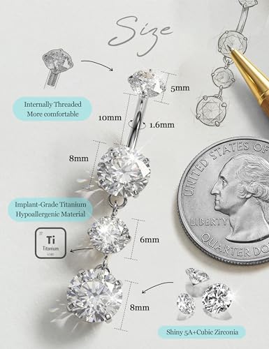 Tungary G23 Titanium Belly Button Rings for Women 14G Internally Threaded | Hypoallergenic Long Navel Piercing Jewelry, 3/8" Implant Grade Dangle Belly Button Piercing, 5A CZ, with Vacuum PVD Finish - color: Dangling: Titanium Silver