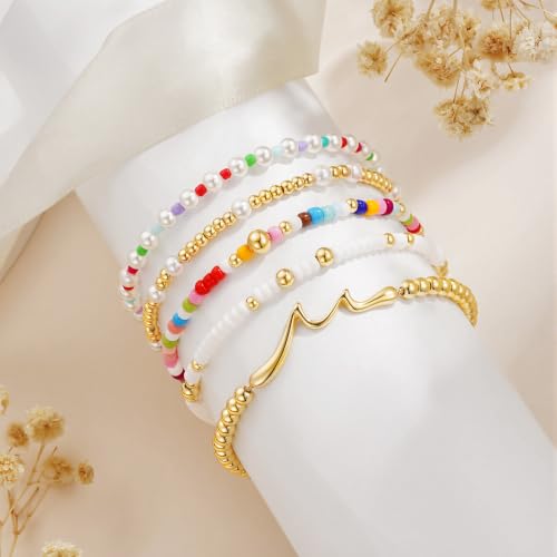 Turandoss 5PCS 14K Gold Plated Beaded Stretch Bracelets Set for Women | Stacked Bow Cross Wave Knot Pearl Beads Bracelet Set, Waterproof 7 Inch Stretch Elastic, Summer Jewelry Gifts for Women Girls - color: 5PCS Wave Beaded Bracelets