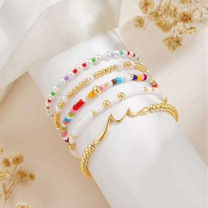 Turandoss 5PCS 14K Gold Plated Beaded Stretch Bracelets Set for Women | Stacked Bow Cross Wave Knot Pearl Beads Bracelet Set, Waterproof 7 Inch Stretch Elastic, Summer Jewelry Gifts for Women Girls - color: 5PCS Wave Beaded Bracelets