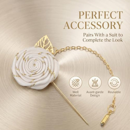 1 Pcs Gold Lapel Pin for Men, White Flower Brooch Pin for Men, Zinc Alloy Wedding Lapel Pin with Metal Chain for Suits Tuxedo Groom Accessories (Ivory White)