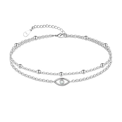 CHIC & ARTSY 925 Sterling Silver Ankle Bracelets for Women, Adjustable Layered Foot Chains with Nature & Symbol Charms, Lightweight Comfort Fit Boho Beach Everyday Jewelry - color: Evil Eye/silver