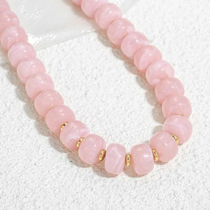Chunky Beads Necklace for Women Trendy Gold Puffy Heart Choker Necklace Colorful Resin Beaded Heart Pendant Necklaces Statement Jewelry - color: Round-Pink