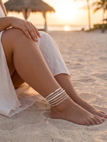 14K Gold/Silver Plated Anklets for Women Layered Anklet Set | Non Tarnish Waterproof Brass Ankle Bracelet, Adjustable Lightweight Dainty Hypoallergenic Chain, Beach Vacation Summer Gift - style: Style7