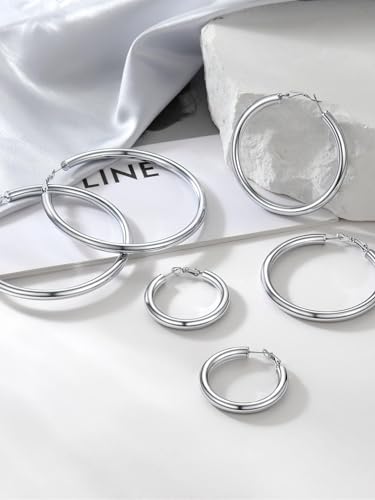 PROSTEEL Chunky Hoop Earrings for Women 14K Gold Plated/Black/Silver | 20/30/40/50/60/70/80mm Stainless Steel Thick Big Round Hoop with Waterproof and Non Tarnish Trendy Jewelry with Gift Box - color: 1. Silver, size: 20MM
