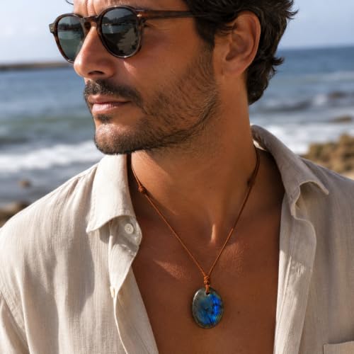 Labradorite Pendant Necklace, Natural Gemstone Jewelry | Natural labradorite, adjustable waxed cord, unisex style, daily wear