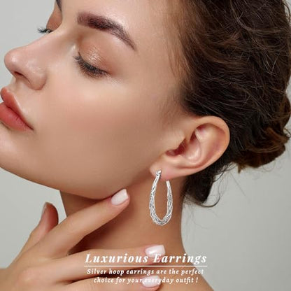 Senteria Sterling Silver Hoop Earrings - Medium, Lightweight, Thick Twist Oval Hoops
