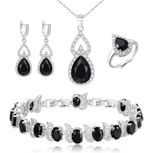 Wedding Jewelry Set for Women Bride Bridesmaid | Gorgeous Cubic Zirconia Teardrop Necklace Earrings Bracelet Adjustable Ring Jewelry Gift for Birthday/Anniversary - color: 11-Black Silver-Tone