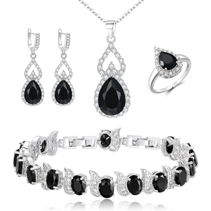 Wedding Jewelry Set for Women Bride Bridesmaid | Gorgeous Cubic Zirconia Teardrop Necklace Earrings Bracelet Adjustable Ring Jewelry Gift for Birthday/Anniversary - color: 11-Black Silver-Tone