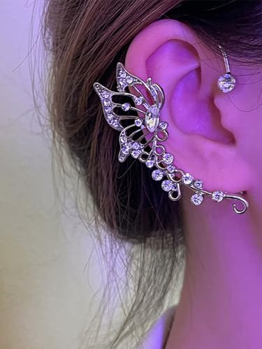 2Pcs Rhinestone Butterfly Earrings Ear Cuffs Non-Pierced Fake Earrings Butterfly Climber Wrap Around Earring Dainty Adjustable Ear Clip Jewelry for Women - color: StyleB-2 Pairs-Silver&Gold