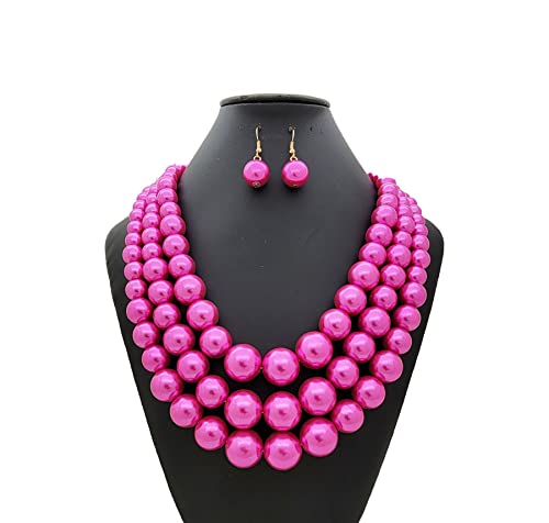 Simulated Pearl Necklace & Earring Set, Multi Strand - color: Hot Pink
