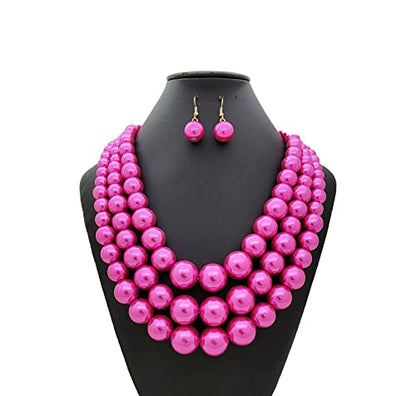 Fashion 21 Women's Faux Pearl Three Multi-Strand Statement Necklace and Earrings Set - color: Hot Pink