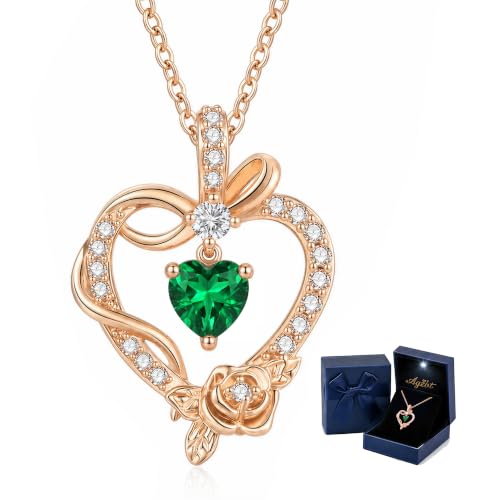 Heart Birthstone Necklace, LED Gift Box | Heart birthstone necklace with rose CZ pendant and LED gift box, ready-to-gift birthday gift for mom, wife, grandma, sister - color: Rose Gold 05-May Emerald