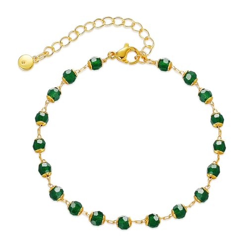 Dainty Gold Bracelets for Women, 18 Gold Plated Adjustable Evil Eye/Butterfly/Beaded/Pearl/Heart/Turquoise Handmade Bracelet for Women - style: Emerald Bead