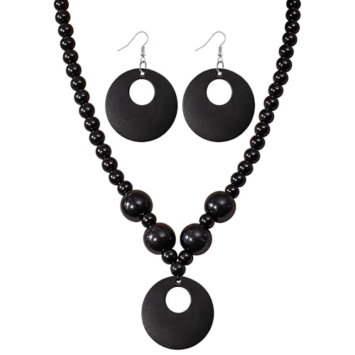 KaFu Handmade Bohemian Wooden Round Beaded Choker Necklace Earrings Set for Women Vintage Multicolor Wood Beads Chunky Geometric Ethnic Sweater Necklaces Statement Jewelry Gifts - color: black