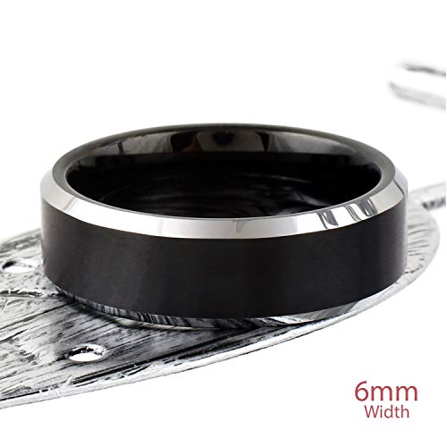 Classic Modern Minimalist 6mm/8mm Brushed Satin Finish Black Tungsten Carbide Band Ring w/Brilliant Polished Silver Beveled Edges feat. Comfort Fit Inner Band.