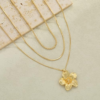 Gold Layered Necklaces for Women, 14K Gold Plated Dainty Gold Chain Choker Necklace Stack, Herringbone Gold Necklaces Set - color: gold-3-Flower
