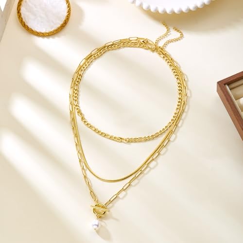 Gmai Layered Necklaces for Women Gold Plated 3/4/5 Piece Adjustable Stackable Necklace Set with Pearl Cross Coin Pendant Dainty Gold Silver Choker Chain Jewelry Gift for Her - style: Pearl 3PC