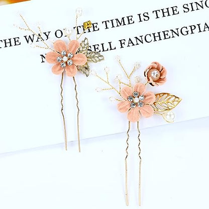 Cinaci 18 Pieces Bridal Wedding Party Prom Pearl Rhinestone Pink Flower Hair Side Combs Slides+U-shaped Flower Hair Pins+Twist Spiral Hairpins Floral Headpieces for Brides Bridesmaids Women Girls - color: Pink