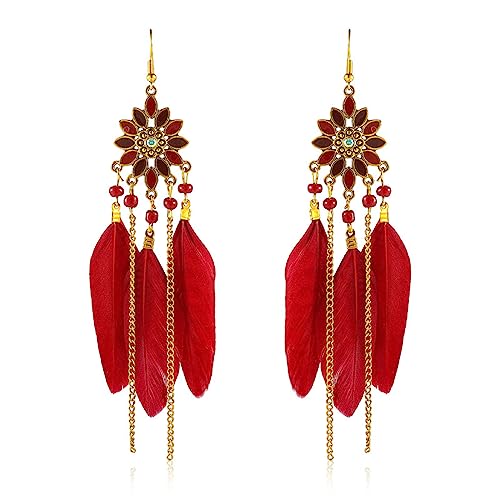Boho Long Feather Earrings Long Tassel Drop Dangle Earrings Set for Women,Bohemian Gold Dangling Long Handmade Feather Dream Catcher Earrings - color: Red