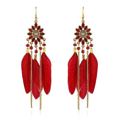 Boho Long Feather Earrings Long Tassel Drop Dangle Earrings Set for Women,Bohemian Gold Dangling Long Handmade Feather Dream Catcher Earrings - color: Red