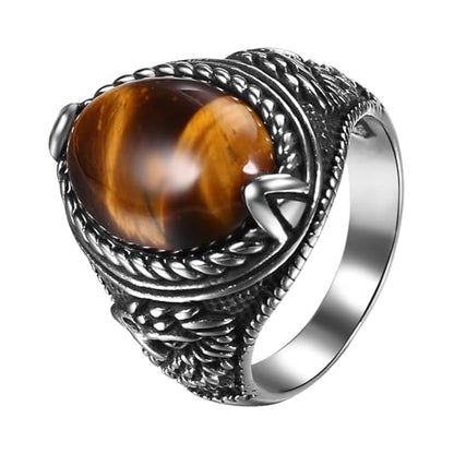 Aroncent Mens Vintage Signet Ring: Tiger Eye Oval Turquoise Black Obsidian Eagle Stainless Steel Ring - Navy Style Biker Jewelry