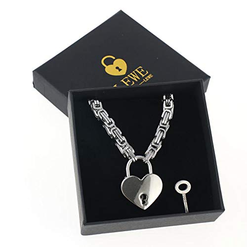Heart Padlock Collar Stainless Steel Lock Necklace Byzantine Chain Necklace Locking Collar Choker for Men Women Jewelry - style: padlock necklace
