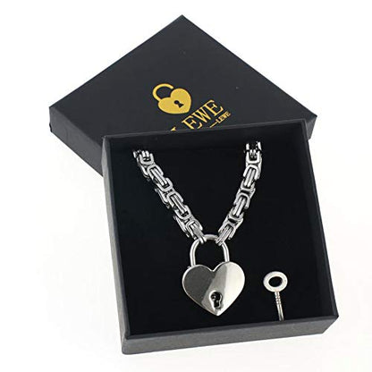 Heart Padlock Collar Stainless Steel Lock Necklace Byzantine Chain Necklace Locking Collar Choker for Men Women Jewelry - style: padlock necklace