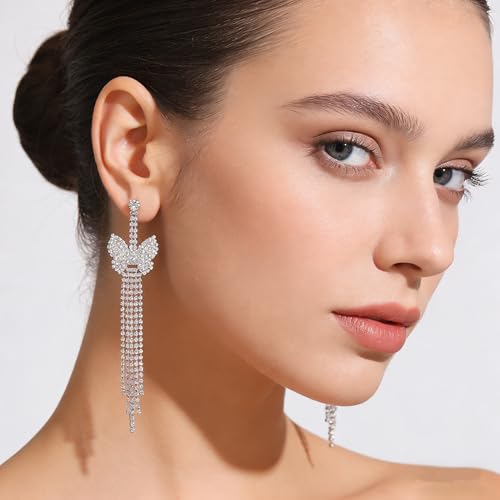 Rhinestone Earrings Dangling for Women Sparkly Silver Dangle Earrings Girls Long Chandelier Earrings Tassel Lightweight Ear Studs Cubic Zirconia (KE001S-W) - color: Bow Butterfly 816263S