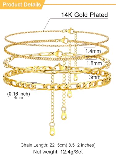 U7 2Pcs/3Pcs Ankle Bracelets for Women, Stainless Steel Cuban Link/Figaro/Rope/Heart Chain Anklets Sets,Waterproof Layered Anklets Adjustable 8.5"-10.5" - color: 05.4Pcs Style A-Gold