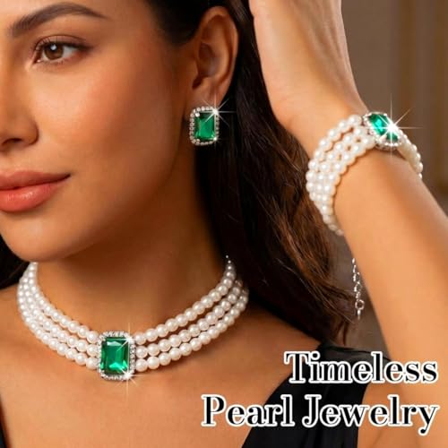 Brishow Pearl Necklace Jewelry Set Wedding Pearls Earrings Necklaces Set Bridal Crystal Bracelet Jewelry for Women (Pack of 3) - color: Green, size: 3 Layered