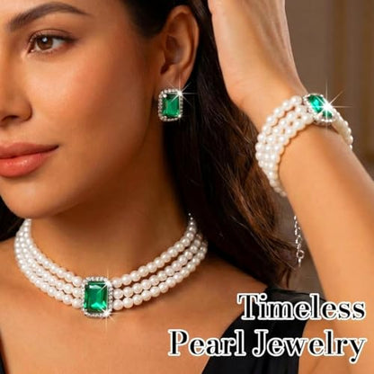 Brishow Pearl Necklace Jewelry Set Wedding Pearls Earrings Necklaces Set Bridal Crystal Bracelet Jewelry for Women (Pack of 3) - color: Green, size: 3 Layered