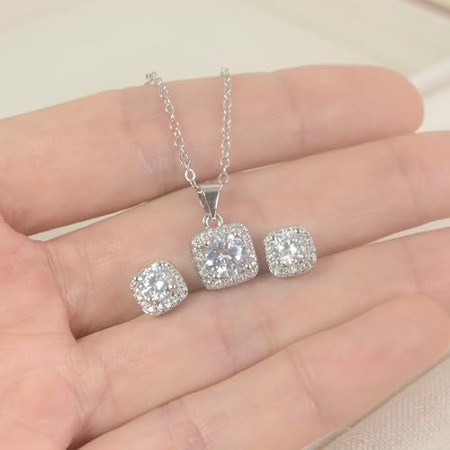 Cubic Zirconia Earring And Necklace Set For Women Trendy Square Halo Dainty Stud Earrings Necklace Set Silver