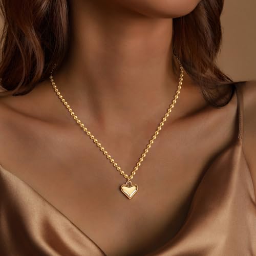 Zeffy Dainty Gold Heart Necklace for Women Trendy 14K Gold/Silver Plate Cute Heart Pendant Choker Necklaces Gold Love Heart Chain Necklace for Women Dainty Gold Jewelry Gifts for Women - style: Puffy Heart Beaded Necklace-Gold
