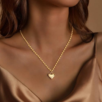 Zeffy Dainty Gold Heart Necklace for Women Trendy 14K Gold/Silver Plate Cute Heart Pendant Choker Necklaces Gold Love Heart Chain Necklace for Women Dainty Gold Jewelry Gifts for Women - style: Puffy Heart Beaded Necklace-Gold