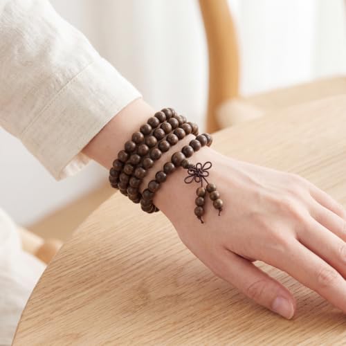 Handmade Mala Beads Bracelet 108 8mm Prayer Meditation Bracelet Sandalwood Elastic, Buddhist Beads, Prayer Mala Necklace for Men and Women Gifts - color: Golden-threaded Sandalwood