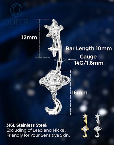 OUFER 14G Star Moon Planet Silver Gold Dangle Belly Button Rings 316L Surgical Stainless Steel CZ Belly Piercing Jewelry 10mm Navel Rings for Women - color: Silver