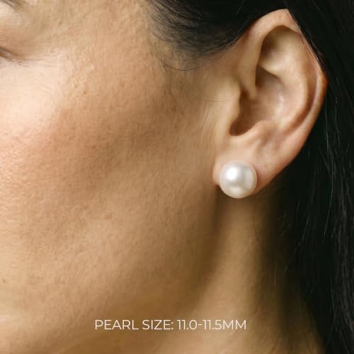 THE PEARL SOURCE Round White Freshwater Real Pearl Earrings in AAAA Quality for Women - 14k White and Yellow Gold Stud Earrings | Hypoallergenic Earrings with Genuine Cultured Pearls, Pearl Gifts for Christmas, Holidays and Anniversary - color: White Gold