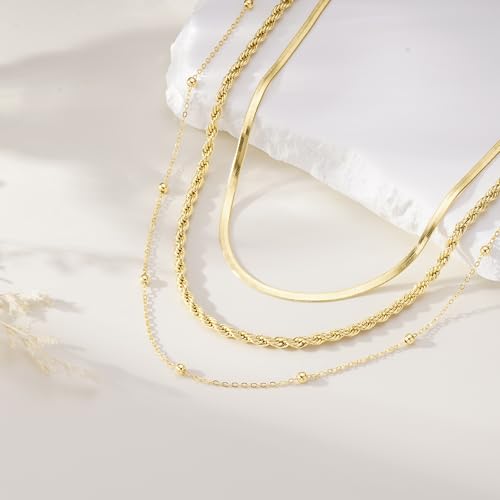 Turandoss Layered Necklaces for Women, 14K Gold Plated Chain Necklace Stack | Non Tarnish Gold Necklaces for Women, Toggle Clasp Herringbone Rope Satellite Cuban Link Chain Necklace, Trendy Jewelry Gifts - color: herringbone+satellite+rope-1