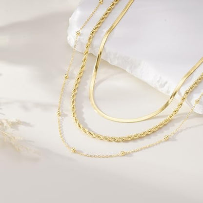 Turandoss Layered Necklaces for Women, 14K Gold Plated Chain Necklace Stack | Non Tarnish Gold Necklaces for Women, Toggle Clasp Herringbone Rope Satellite Cuban Link Chain Necklace, Trendy Jewelry Gifts - color: herringbone+satellite+rope-1
