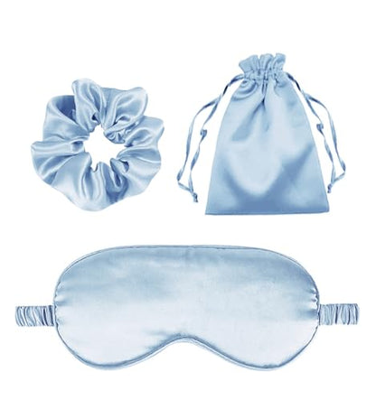 3Pcs Satin Eye Mask Silk Sleep Masks Set Silky Blindfold Eyeshade Blackout Eyes Cover Pouches Bag Scrunchy Wedding Gift - color: Azure