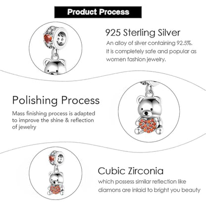 Charm for Bracelets and Necklaces, Heart Animals 925 Sterling Silver Bead Celestial Sun Moon Star Charms Jewelry Gift for Women Girls - color: Bear Heart Charm