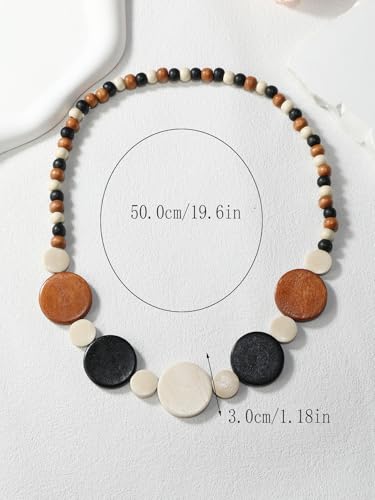 Colorful Ethnic Wooden Earrings Round Statement Dangle Earrings Multilayered Geometric Beaded Bracelet Necklace Set for Women Exaggerated Tribal Jewelry - color: Round Disc Pendant Neck Chain-Mixed Color